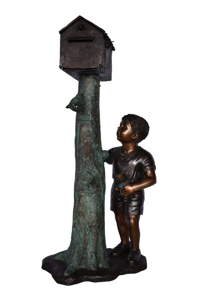 A Boy Standing by His Mailbox Looking at Birds Bronze Statue  25" x 22" x 51"H.