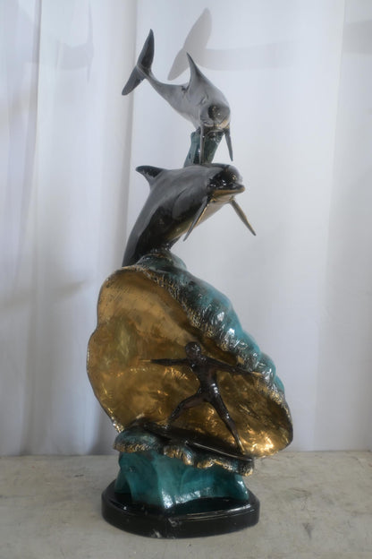 Bronze Dolphins and Surfer Sculpture on Wave Marble Base 16"x11"x33"H