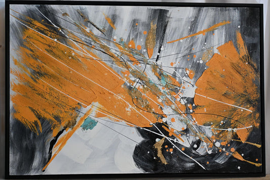 Abstract Canvas Painting Orange Gray Splash Framed Art 41"x61"