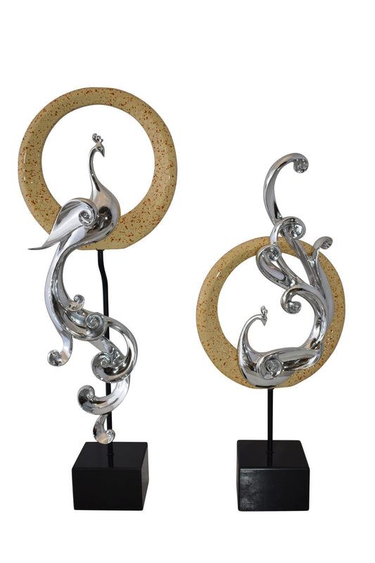 Set of Graceful Silver Finish Peacocks Resin Statue Size: 11" x 6" x 28"H