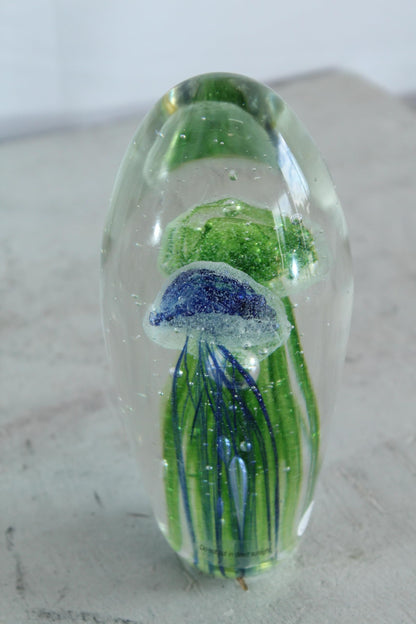 NIFAO Glass Jellyfish Paperweight Green Blue Art Glass Decor 3" x 3" x 8"H