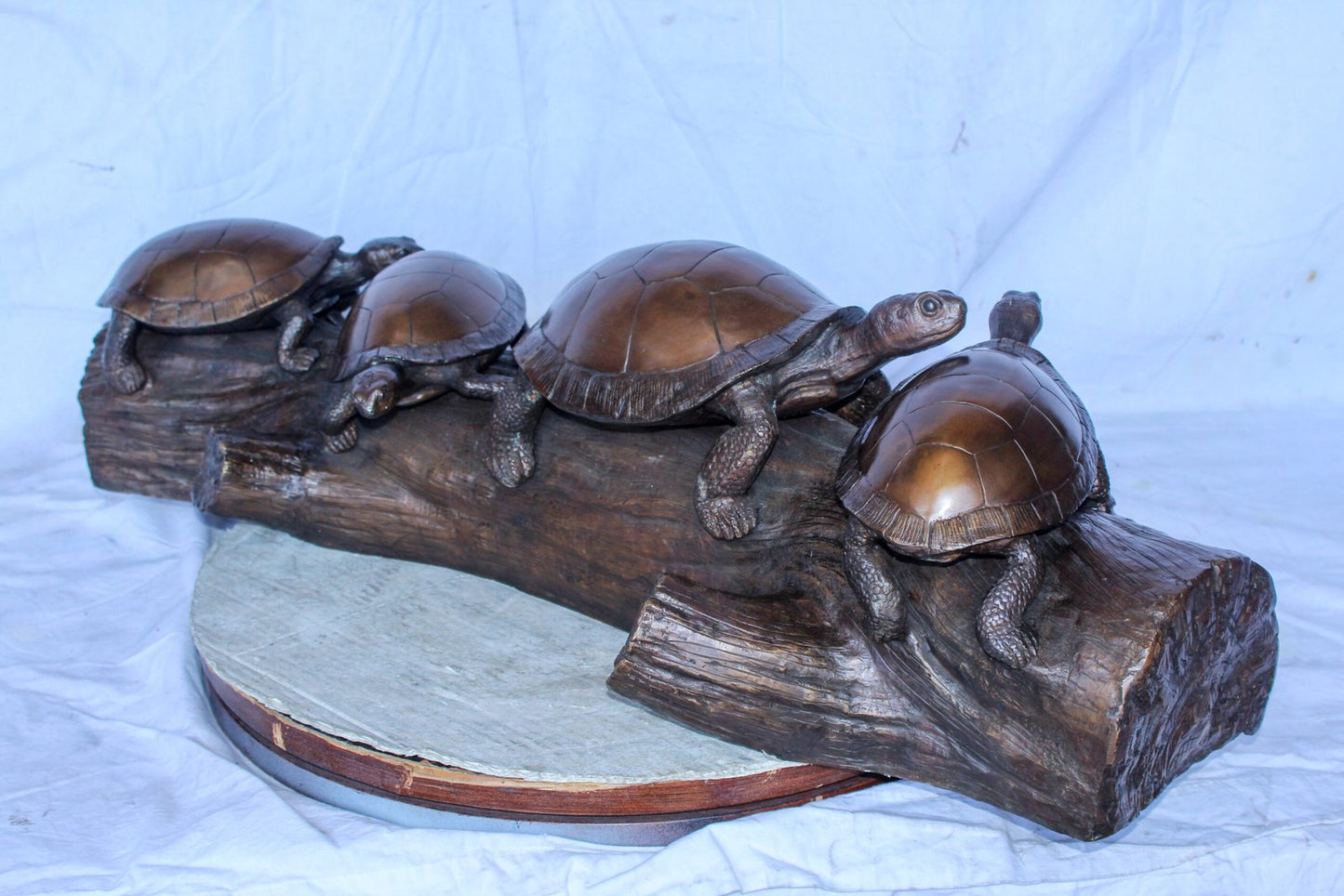 Four Turtles on Tree Log Bronze Statue, Charming Wildlife Decor 39" x 15" x 10"H