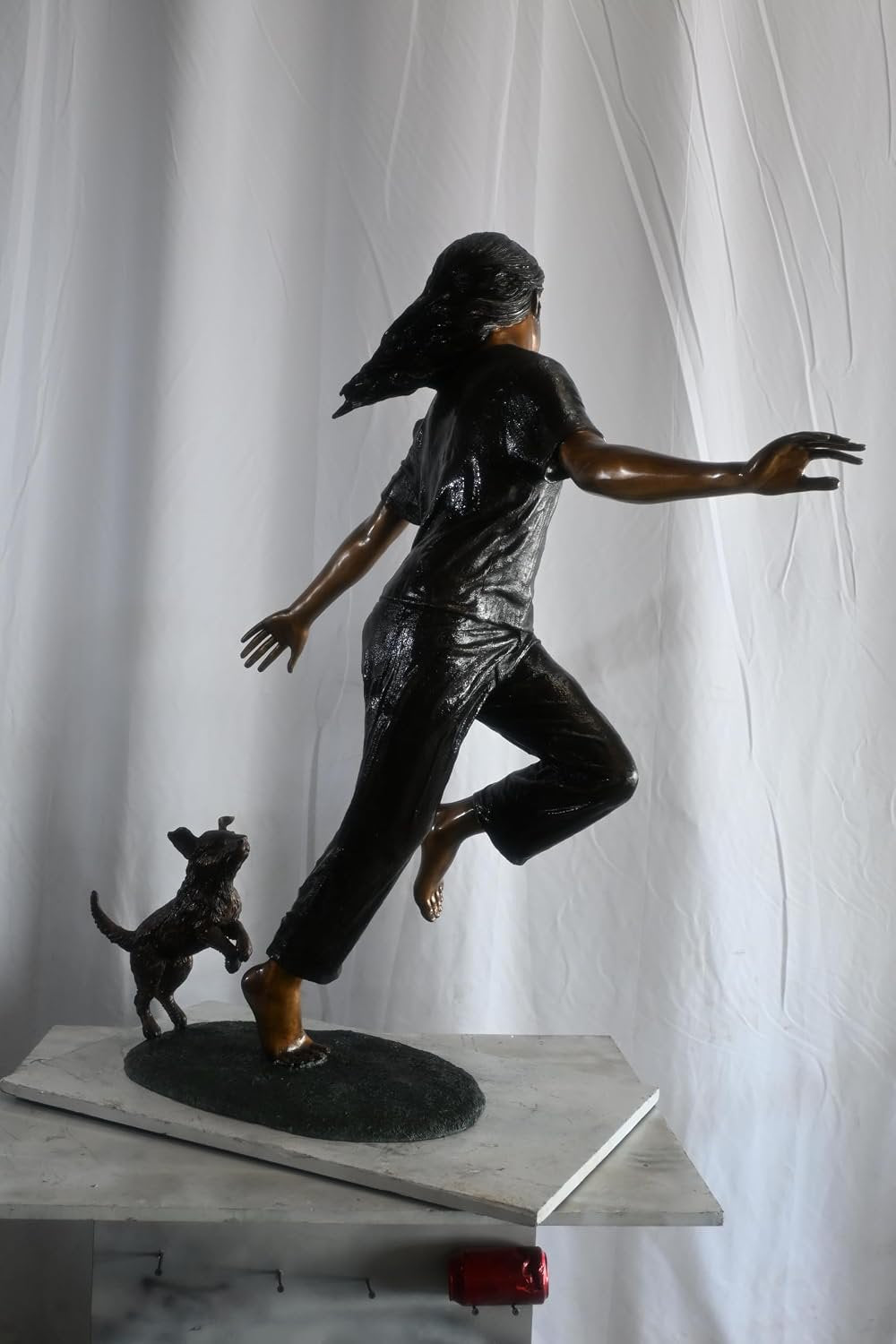 Joyful Barefoot Girl Running with Puppy Bronze Sculpture 49"x16"x51"H