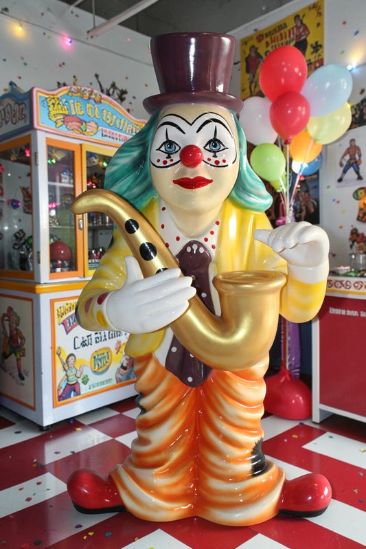 Whimsical Clown Fiberglass Statue, Jazzing Up with Saxophone 19" x 18" x 36"H