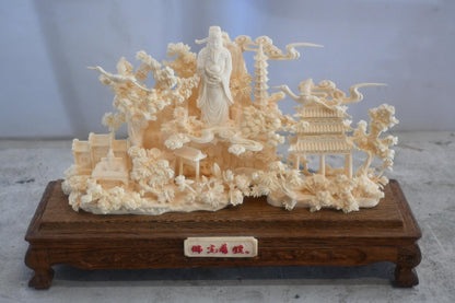 Carved Resin Chinese Scholar Landscape in Wood Case 12"x4"x9"H