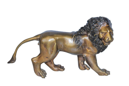 Small Bronze Lion Sculpture Walking Pose Animal Art 15" x 5" x 8"H