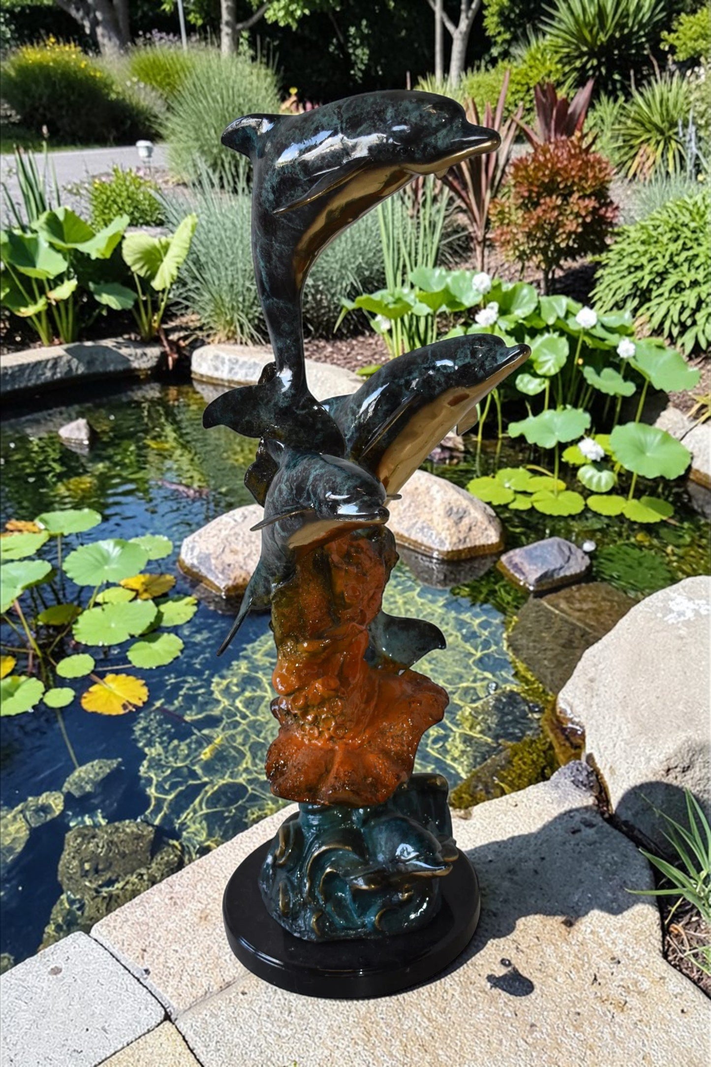 Three Large Dolphins on A Coral Bronze Statue Size: 20" x 18" x 41"H