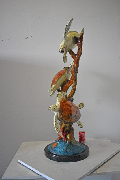 Nifao Three Turtles Bronze Statue on Marble Base – Lost Wax Ocean-Inspired Sculpture with Patina Finish - 32" L x 32" W x 41" H