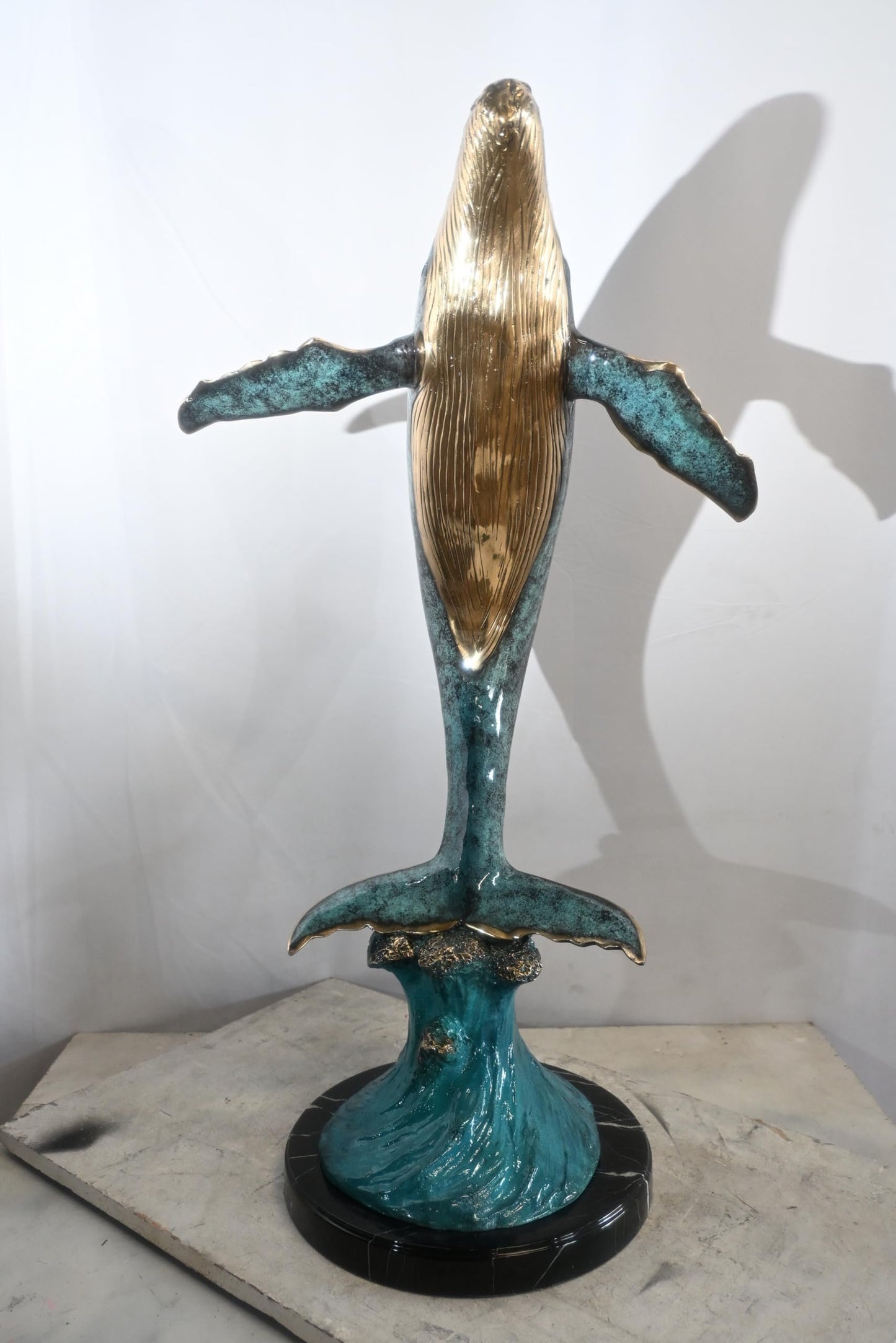 Bronze Humpback Whale Breaching Sculpture Ocean Wave 40"x24"x16"H
