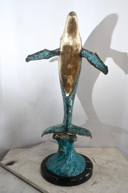 Bronze Humpback Whale Breaching Sculpture Ocean Wave 40"x24"x16"H