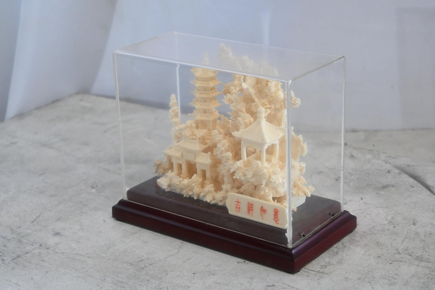Carved Resin Chinese Pagoda Temple Garden in Case 8"x4"x7"H