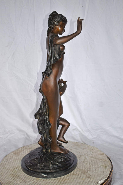 Nude Mother Watching Out for Her Son Bronze Statue Art Nude 15"L x 12"W x 32"H.