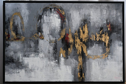 Ferris Wheel Abstract Canvas Painting Gray Gold Framed Art 41"x61"