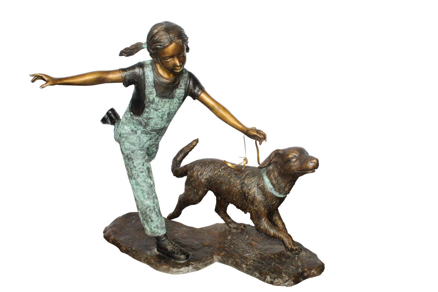Young Girl and Her Dog Playing Bronze Statue 53" x 21" x 40"H