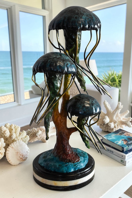 Three Wandering Jellyfish Bronze Statue on a Marble Base 17" x 11" x 24"H