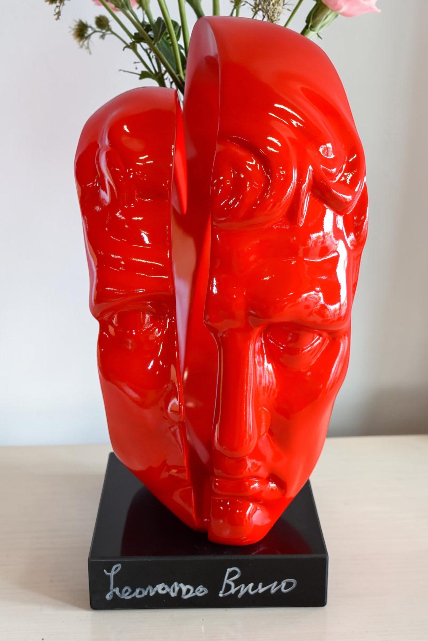 Creative Red MultiFace Statue on Base Signed by Leonardo Bruno 14" x 12" x 19"H