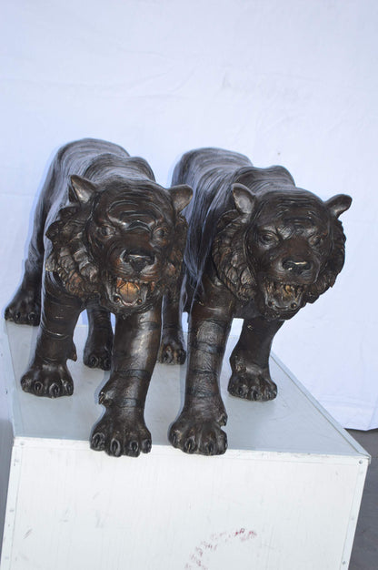 Pair Of Tigers Bronze Statues -  Size: 52"L x 10"W x 21"H.