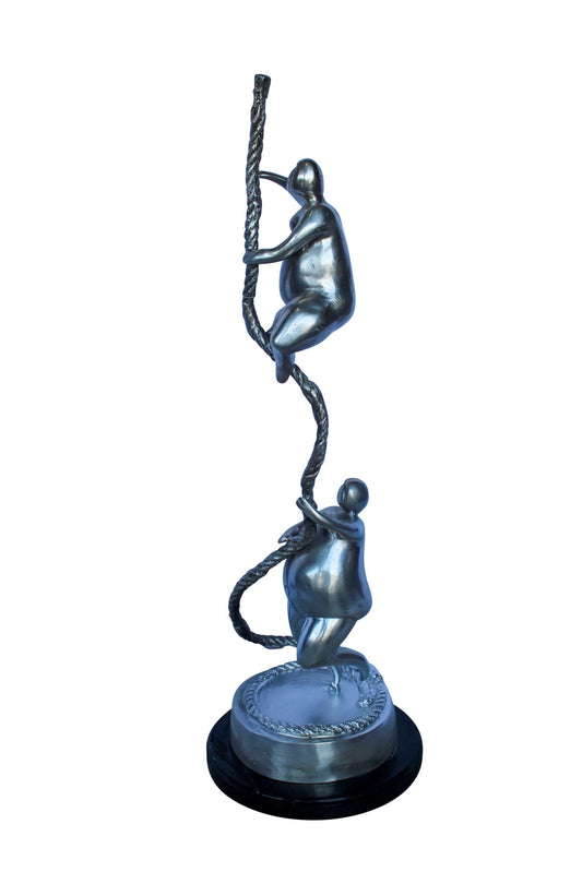 Two Voluptuous Women Climbing a Rope Statue, Silver Finish 10" x 10" x 29"H