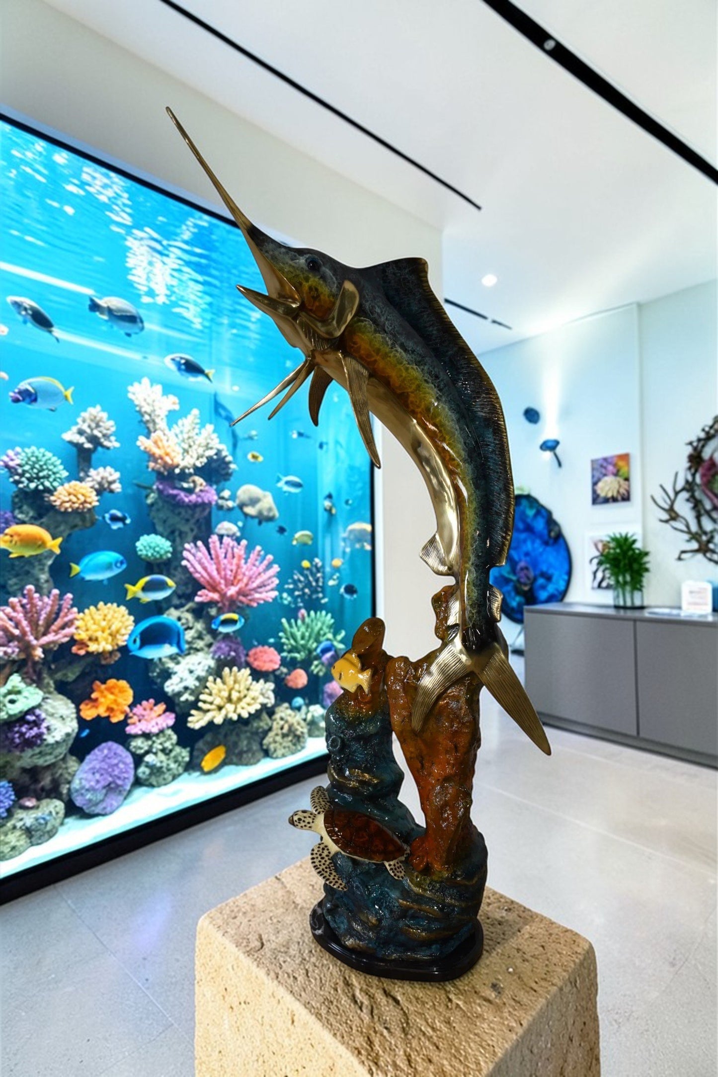 Marlin Fish and Turtle Swimming in the Ocean Bronze Statue Size 20" x 18" x 53"H