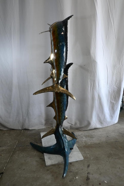 Double Marlin Bronze Garden Fountain Leaping Ocean Waves 42"x31"x74"H
