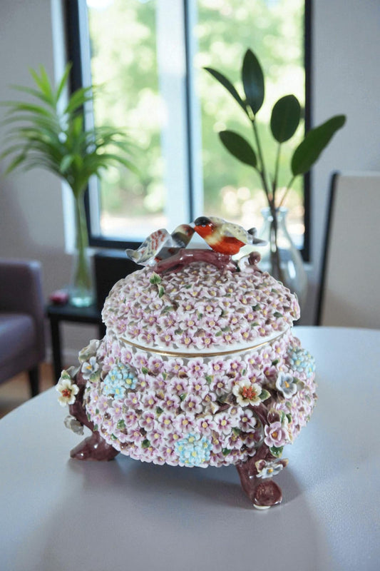 NIFAO Porcelain floral covered box with birds on lid 10"x10"x11"H