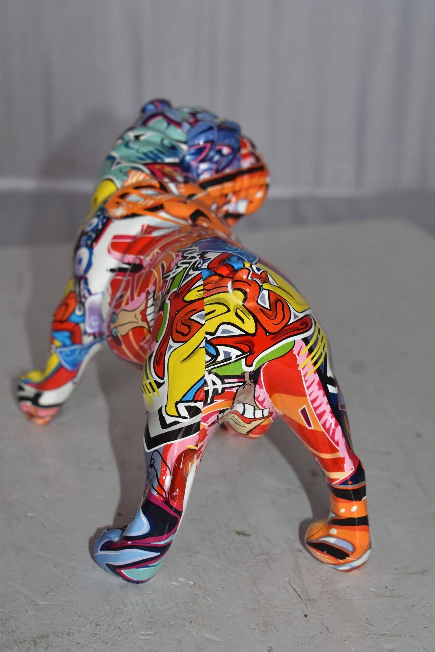 Modern Happy Graffiti Resin Bulldog Statue Looking to the Right  10" x 5" x 7"H