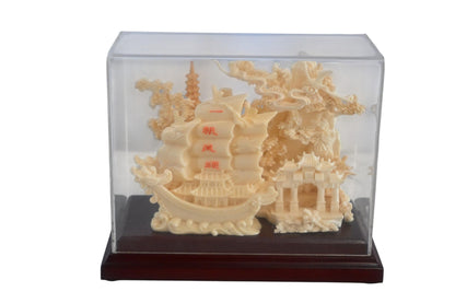 Carved Resin Chinese Sailing Junk Ship Diorama in Case 8"x4"x7"H