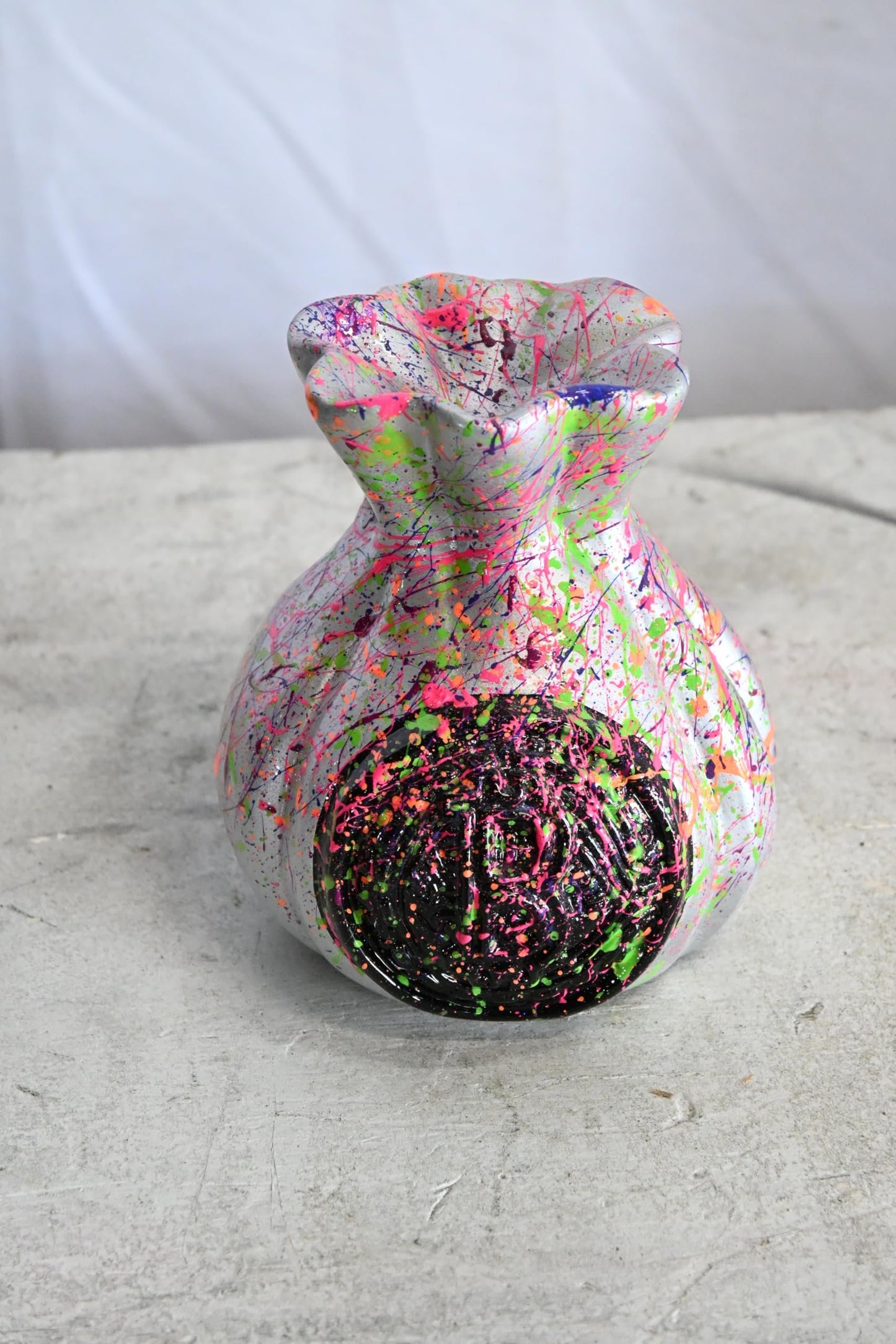 NIFAO Money Bag Vase Ceramic Sculpture Neon Splatter Andres Mendez 4"x5"x6"H