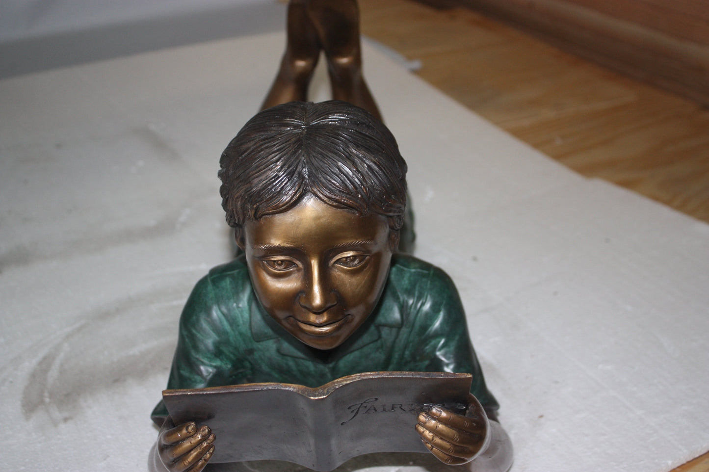 Bronze Boy Reading Book Statue - 24"L x 10"W x 11"H Garden Sculpture