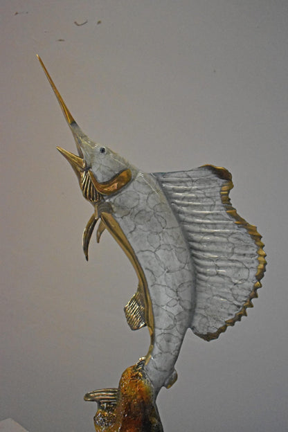Nifao Sailfish and Turtle Bronze Statue on Marble Base – Lost Wax Marine Life Sculpture with Patina Finish - 12" L x 18" W x 31" H