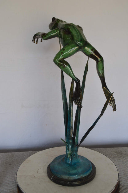 Large Frog Jumping Forward Bronze Statue on Marble -  Size: 25"L x 15"W x 36"H.