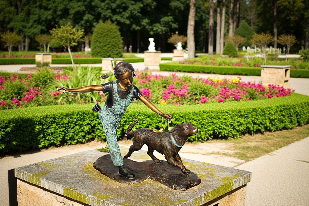 Young Girl and Her Dog Playing Bronze Statue 53" x 21" x 40"H
