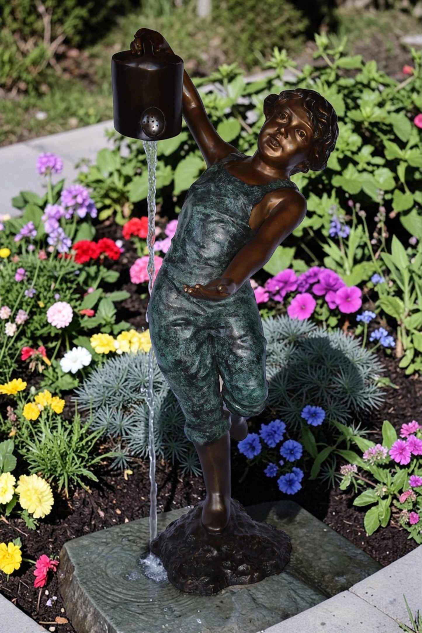 Standing Boy with Watering Can Bronze Statue Fountain - Size: 24" x  22" x 48"H.