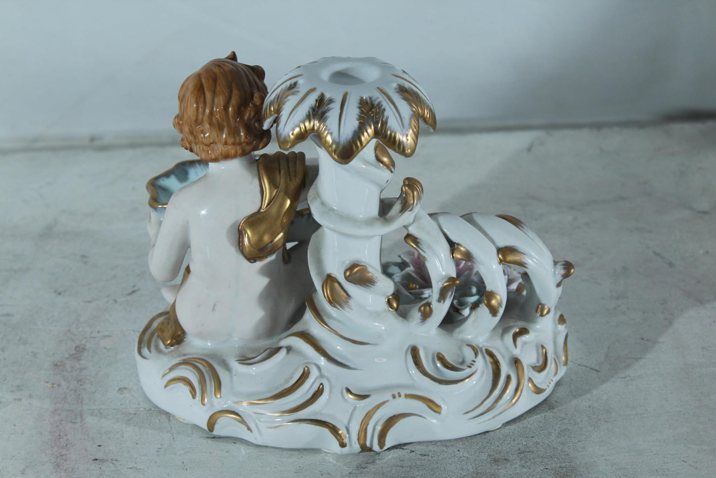 Porcelain Cherub Candle Holder with Floral Dish 9"x6"x7"H