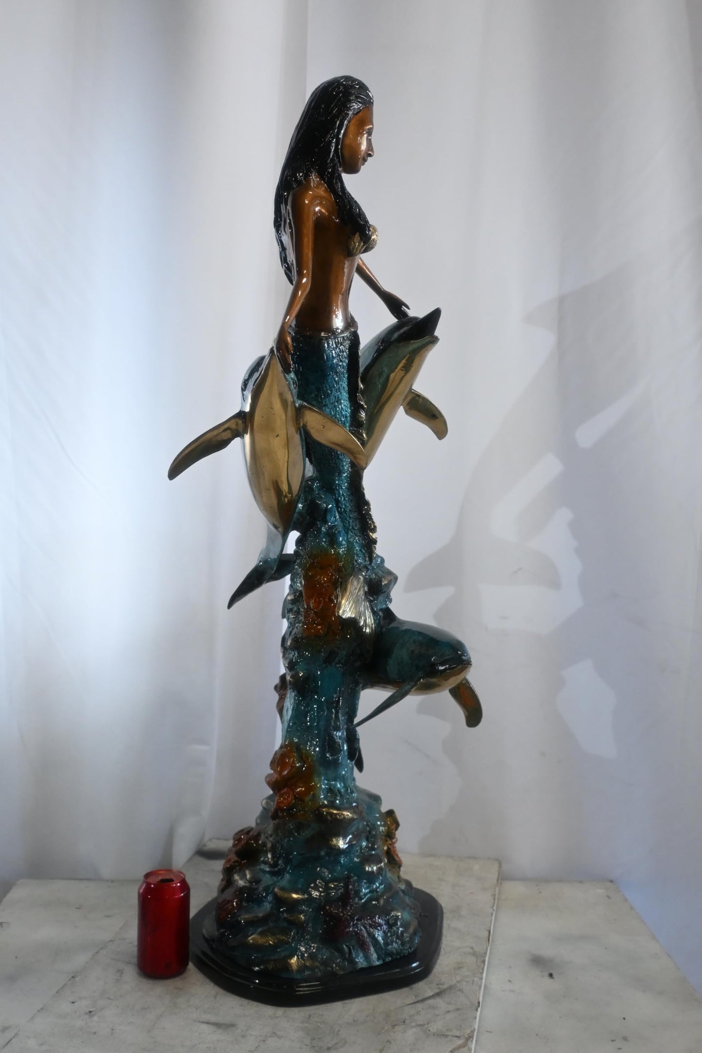 Bronze Mermaid with Dolphins on Coral Reef Sculpture 25"x16"x43"H