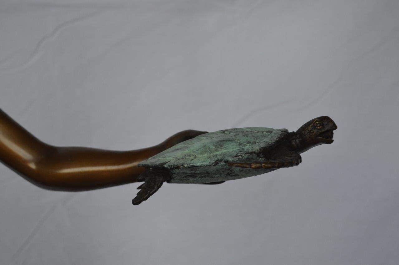 Girl holding turtle bronze fountain statue -  Size: 26"L x 19"W x 37"H.