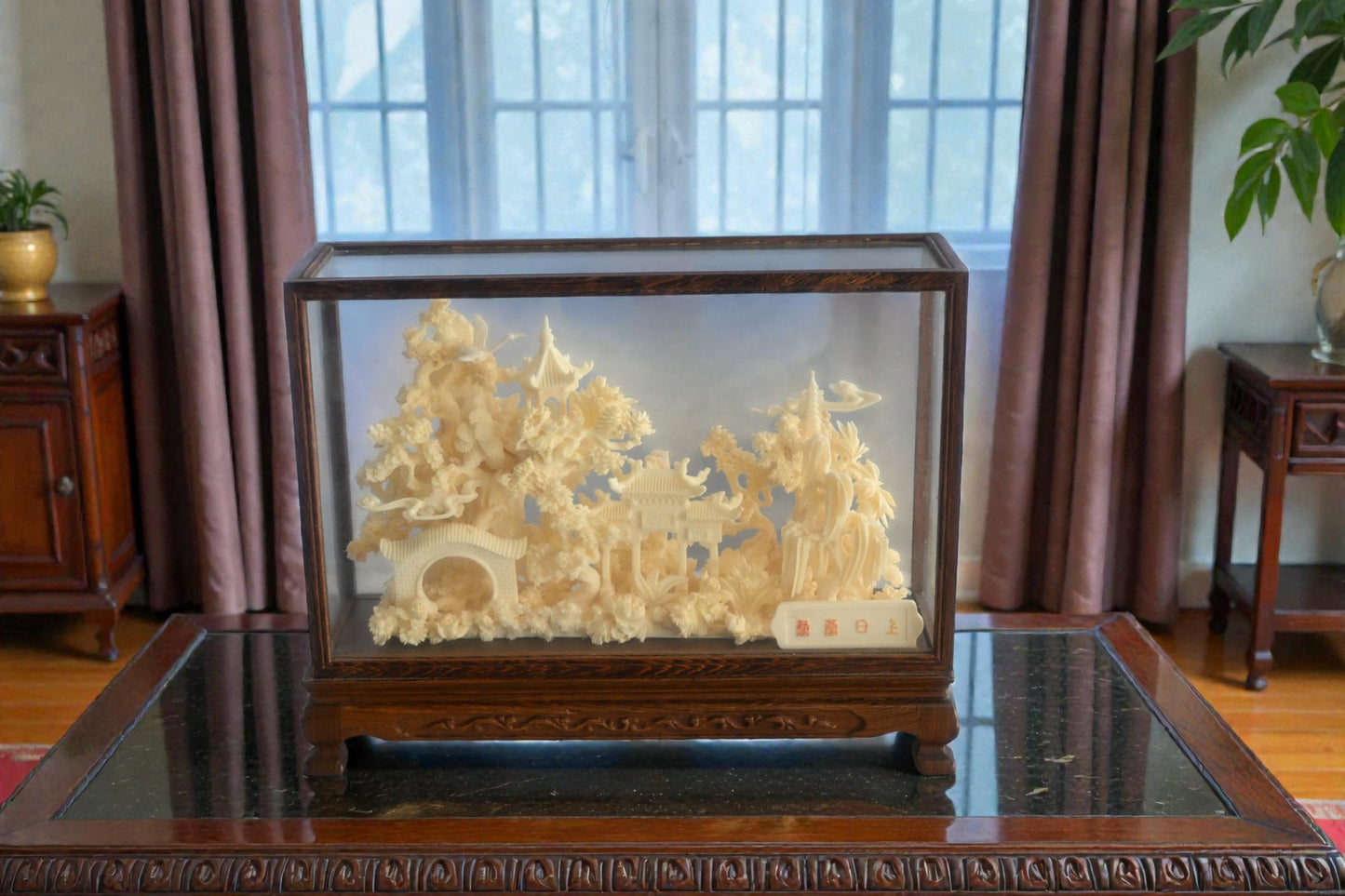 Carved Resin Chinese Bridge and Pavilion in Wood Case 12"x4"x9"H