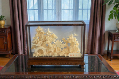 Carved Resin Chinese Bridge and Pavilion in Wood Case 12"x4"x9"H