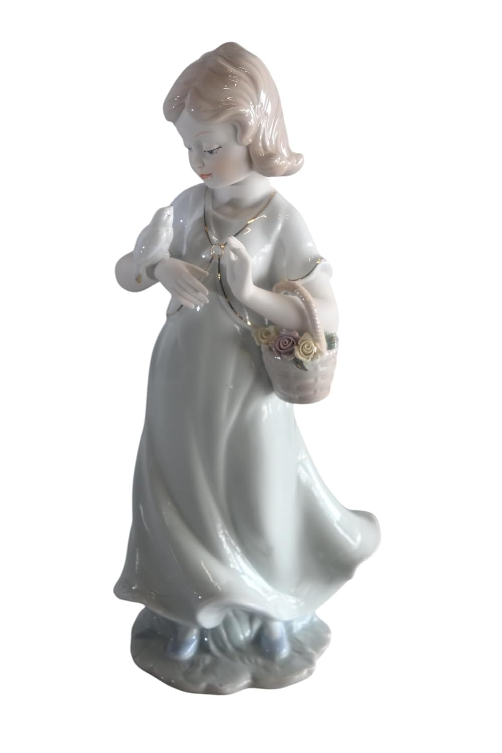 Porcelain Girl with White Doves and Flower Basket Statue 6"x4"x12"H