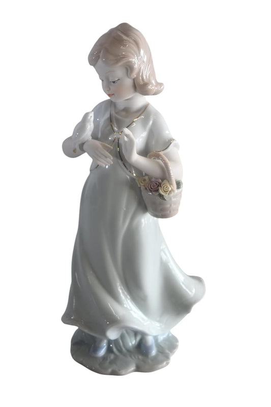 Porcelain Girl with White Doves and Flower Basket Statue 6"x4"x12"H
