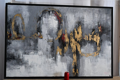 Ferris Wheel Abstract Canvas Painting Gray Gold Framed Art 41"x61"