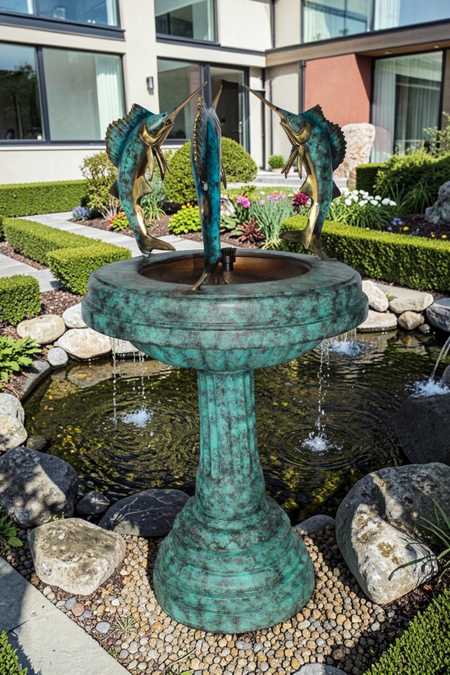 Three Sailfish Bronze Fountain Green Patina Finish 29" x 29" x 50"H