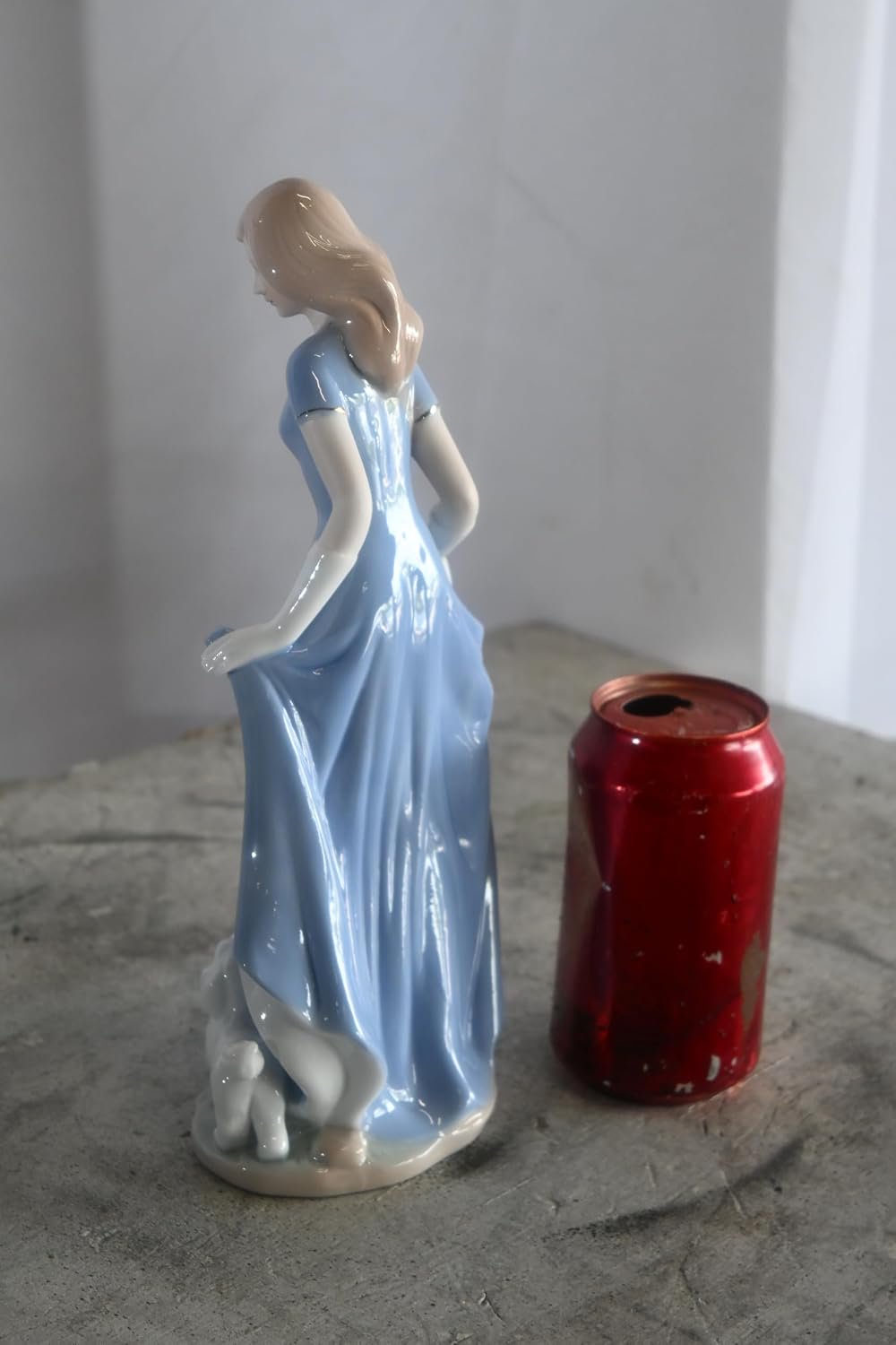 Porcelain Elegant Lady Blue Gown with White Puppy Statue 5"x4"x11"H