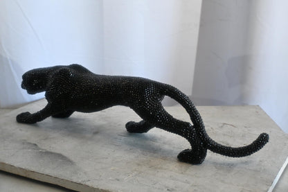 Black Crystal Beaded Panther Sculpture Prowling Resin Decor 29"x5"x7"H