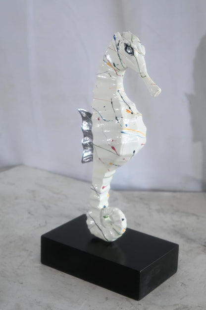 White Splatter Seahorse Sculpture Painted Aluminum Decor 6"x4"x16"H