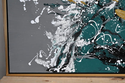 Melancholy Abstract Canvas Painting Gold Teal Framed Art 41"x61"