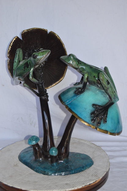 Nifao Bronze Two Frogs on Mushrooms Statue – Hand-Cast Lost Wax Sculpture with Polychrome Patina, Tabletop Nature Art - 24" L x 15" W x 27" H