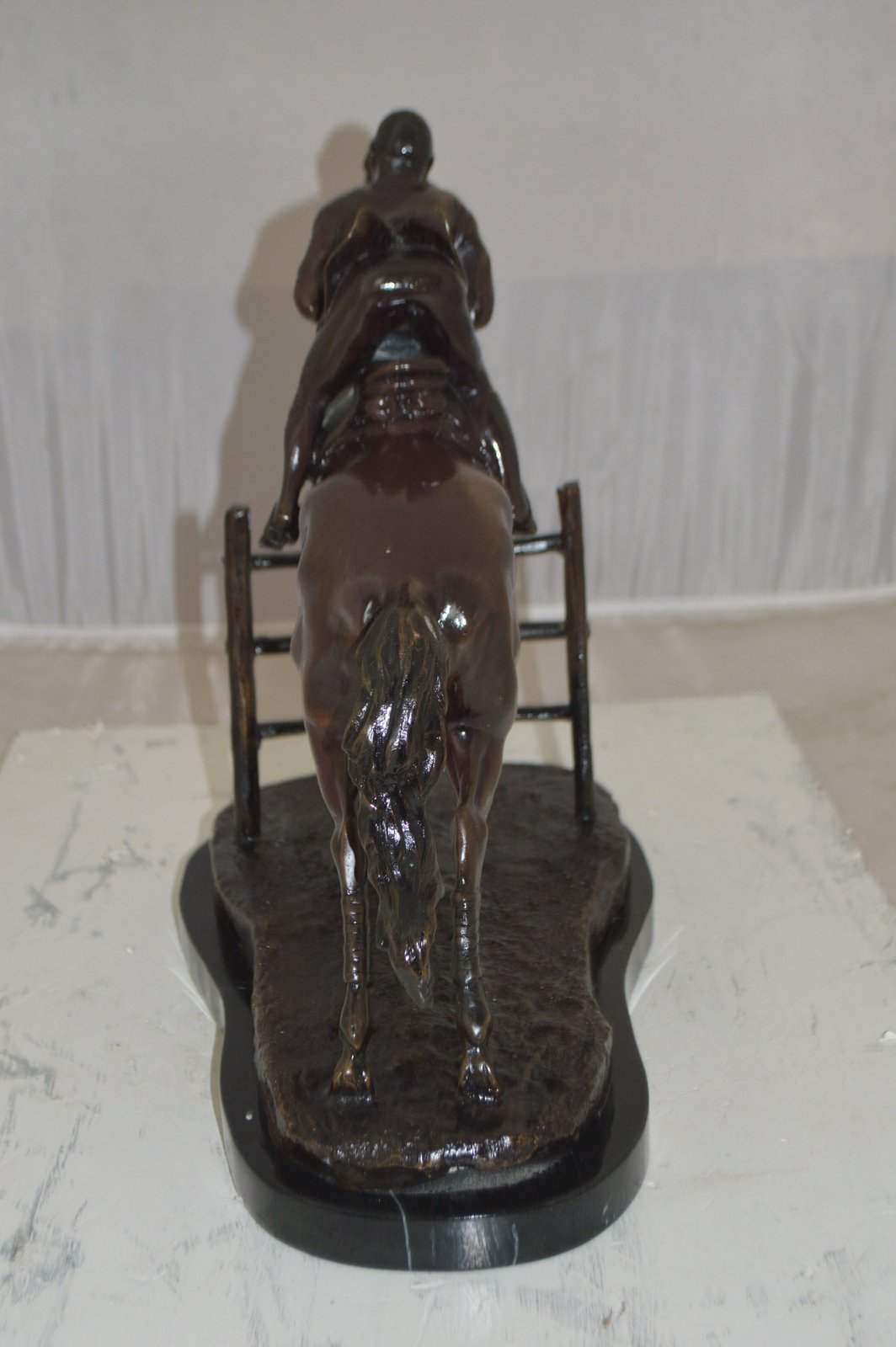 Jockey With Horse Jumping Over Hurdle Bronze Statue Medium  23"L x 10"W x 16"H.