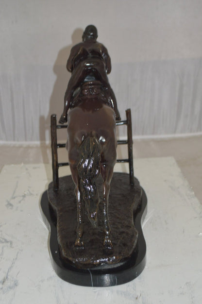 Jockey With Horse Jumping Over Hurdle Bronze Statue Medium  23"L x 10"W x 16"H.