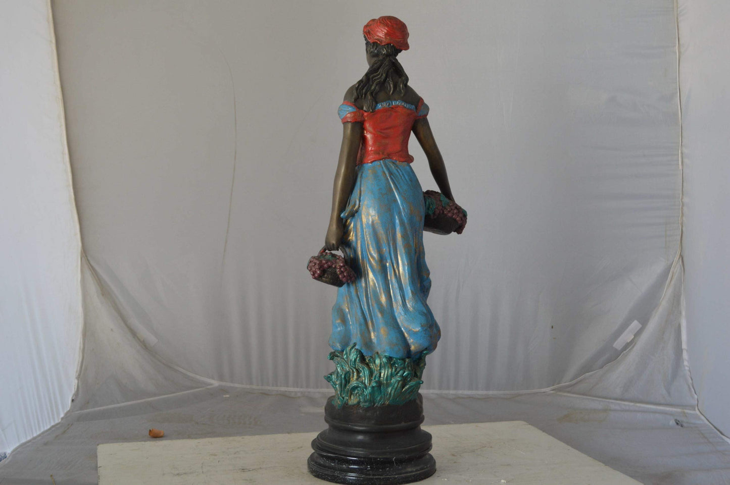 Beautiful lady with grapes bronze statue  - Size: 14"L x 6"W x 20"H.